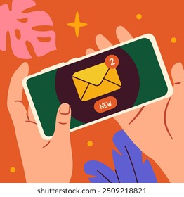 Mãos com smartphone. O usuário recebe uma notificação sobre uma nova mensagem. Comunicação online. Dispositivo e gadget modernos. Capa de mídia social. Ilustração de vetor de desenhos animados isolada sobre fundo rosa