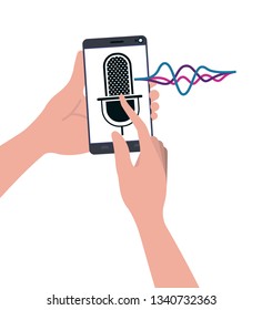 hands with smartphone and voice assistant