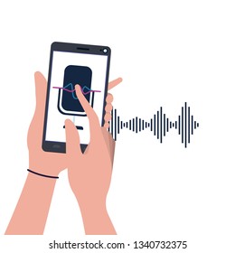 hands with smartphone and voice assistant