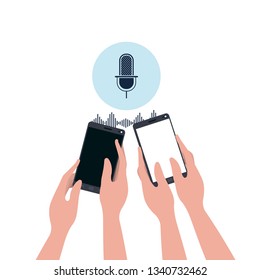 hands with smartphone and voice assistant