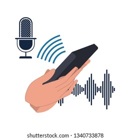 hands with smartphone and voice assistant