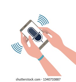 hands with smartphone and voice assistant