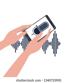 hands with smartphone and voice assistant