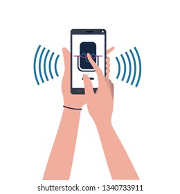 hands with smartphone and voice assistant