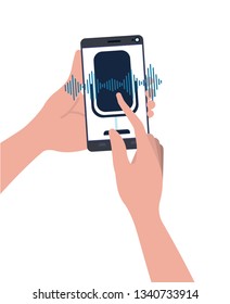 hands with smartphone and voice assistant