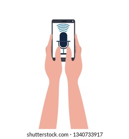 hands with smartphone and voice assistant