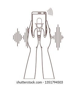 hands with smartphone and voice assistant