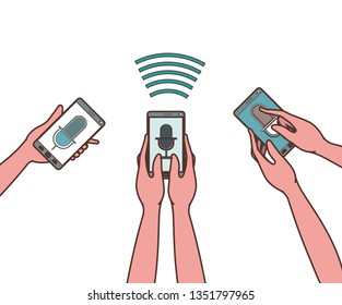 hands with smartphone and voice assistant