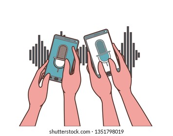 hands with smartphone and voice assistant