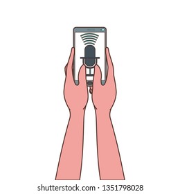 hands with smartphone and voice assistant
