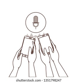 hands with smartphone and voice assistant