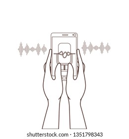 hands with smartphone and voice assistant