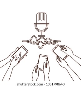 hands with smartphone and voice assistant