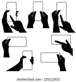 Hands with smartphone and whether other gadget. Black-and-white template. Vector illustration.