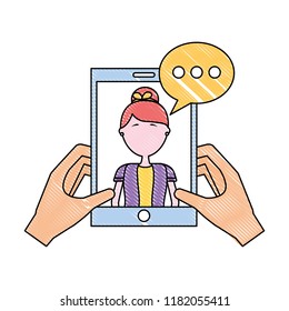 hands with smartphone woman speech bubble communication