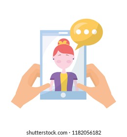 hands with smartphone woman speech bubble communication