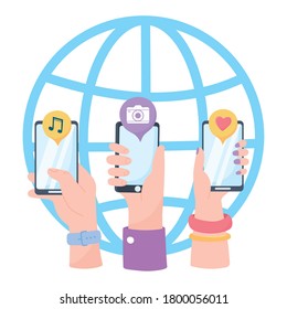 hands with smartphone world application social network communication and technologies vector illustration