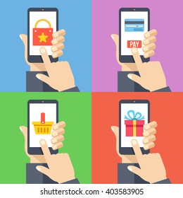 Hands with smartphones 4 banners set. Online shopping, mobile payment, pay with smartphone, shopping basket modern concepts for web banners, web sites, infographics. Flat design vector illustration