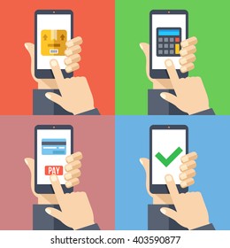 Hands with smartphones 4 banners set. Order goods from smartphone, pay online, shipping cost calculator modern concepts for web banners, web sites, infographics. Flat design vector illustration