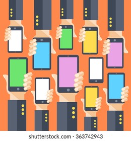 Hands and smartphones with colorful screens. Vector illustration