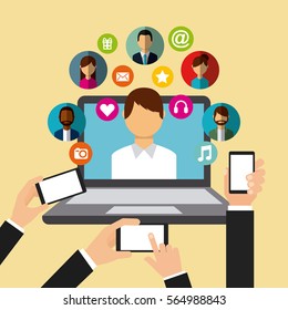 hands with smartphones and laptop computer with man and social media icons around over yellow background. colorful desing. vector illustration