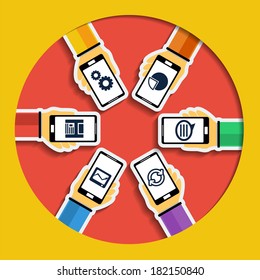 Hands with smartphones. Mobile apps concept. Vector in flat design. Symbols of chat bubble, gears, arrows, floppy, schedule