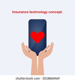 Hands, smartphones in the palms, heart on the screen. InsurTech concept. The concept of insurance technology in medicine. Technologies in the insurance business. Mobile application insurance.