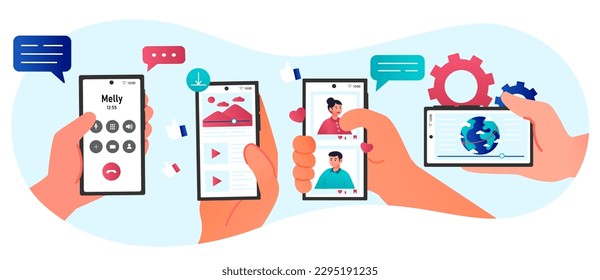 Manos con smartphones. Colección de caracteres que contienen teléfonos. Redes sociales y mensajería instantánea, comunicación en línea. Ilustraciones de caricaturas de vectores planos aisladas en fondo blanco