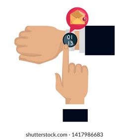 hands with smartwatch sending email