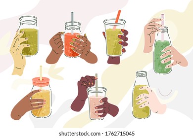 Hands with smoothies. Vector illustration set of diverse female hands with jar or bottle or glass filled by different sorts of smoothies. Healthy lifestyle, detox program, diet concept.
