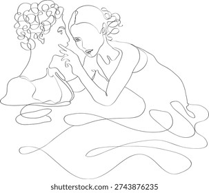 Sculptor’s hands smoothing bust. Woman gently touching face of classical female bust in soft natural light for serene and emotional sculpture appreciation