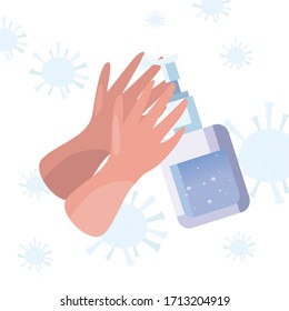 Hands and soap bottle and coronavirus bacterium design of covid 19 virus 2019 ncov cov infection corona epidemic disease symptoms and medical theme Vector illustration