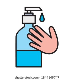 Hands soap bottle line and fill style icon design, Disinfects clean antibacterial and hygiene theme Vector illustration