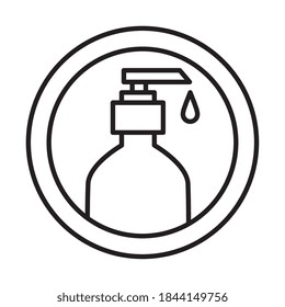 Botella de jabón manos en el diseño del icono de la línea de sellado, Desinfecta el tema antibacteriano limpio y de higiene Ilustración vectorial