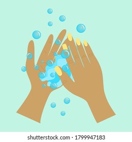Hands with soap isolated on a blue background. Illustration in a flat cartoon style. Clean hands during the pandemic. Sticker for bathrooms. Personal hygiene.