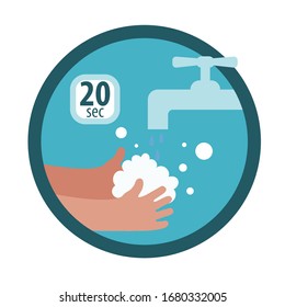 Hands With Soap Under The Faucet. Wash Your Hands Thoroughly With Soap For At Least 20 Seconds. Cartoon Flat Icon Or Sticker For Infographic. Isolated On A White Background.