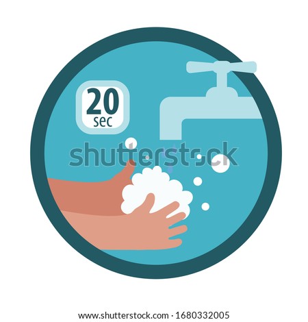 Hands with soap under the faucet. Wash your hands thoroughly with soap for at least 20 seconds. Cartoon flat icon or sticker for infographic. Isolated on a white background.