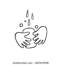 Hände mit Seife unter Wasser.Händewaschen. Vektorillustration einzeln auf weißem Hintergrund. Für Banner, Poster, Postkarten, Drucke.