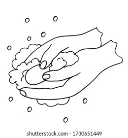 Hands soaped with soap. Actions against coronavirus. Vector image drawn in black line on a white background.