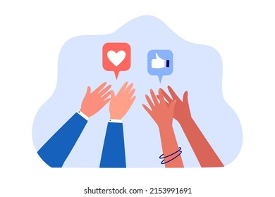 Hands of social media users clapping and sharing post. People liking service, product or photo flat vector illustration. Internet, network, communication concept for banner or landing web page