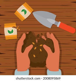 hands with soil and seeds