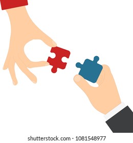 Hands solving jigsaw red and blue puzzle. Man and woman vector
