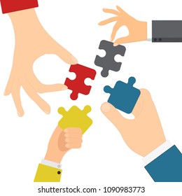 Hands solving jigsaw red and blue puzzle. Mans and womans vector