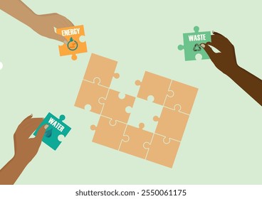 Hands Solving Sustainability Puzzle. hands placing puzzle pieces labeled 'waste,' 'energy,' and 'water,' representing collaborative efforts for sustainability solutions. Vector illustration