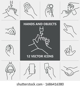Hands with some objects. Set of quality vector icons with editable line thickness