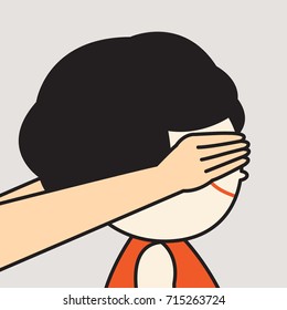 Hands Of Someone Covering The Eyes Of A Happy Smiling Surprised Girl Concept Card Character illustration