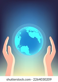 Hands in space from side sunlight protects planet Earth. International Mother Earth Day annual event on April 22 to demonstrate support for environmental protection. Vector illustration.