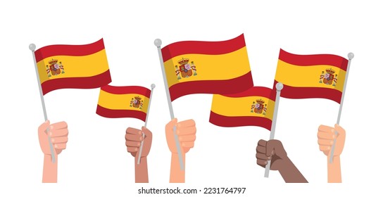 Manos con bandera españa aisladas en fondo blanco. Personas con pabellón españa.Material vectorial