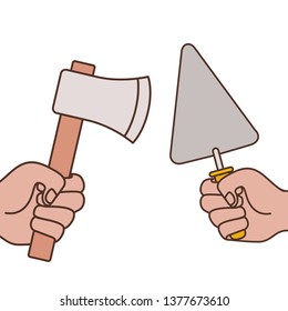 hands with spatula and ax isolated icon