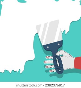 Hands with spatula. The builder holds construction spatula in hand and applies finishing putty to the drywall. Putty knife in the hand of home master. Cement trowel. Vector illustration flat design. 